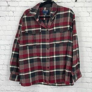 Country Shop Red Plaid Button Up Flannel Women’s L 100% Cotton
